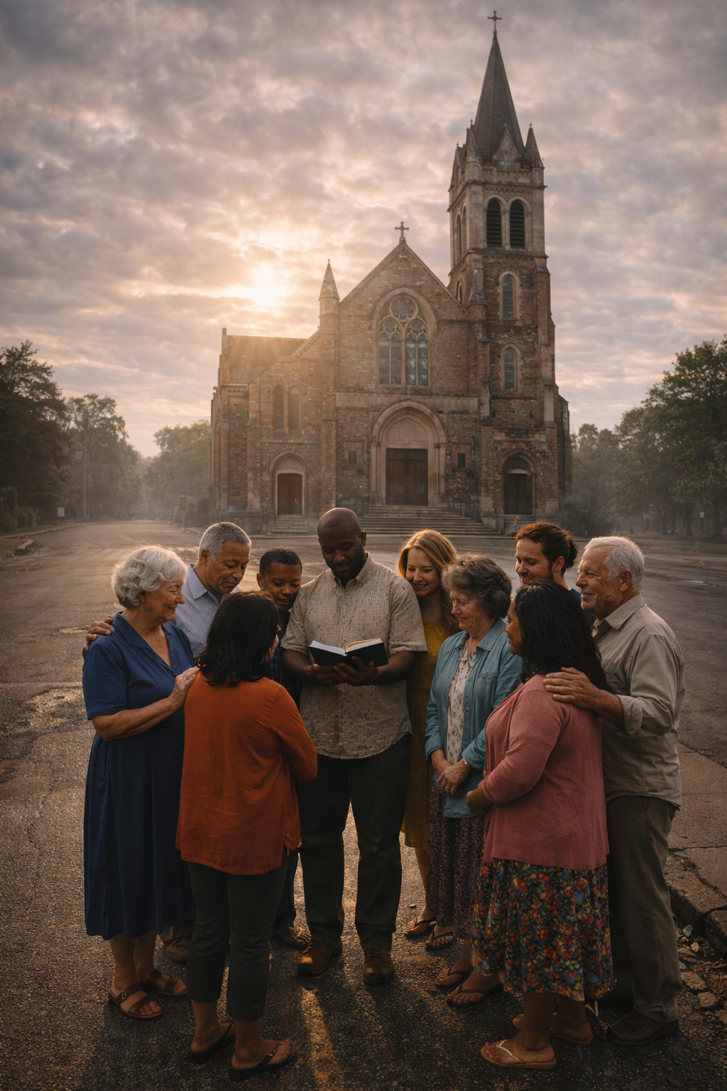 church with peole meeting in front of it