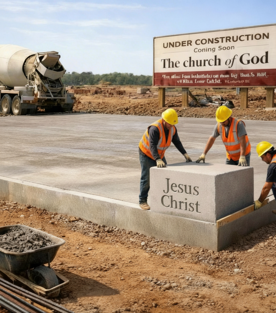 workers placing Jesus Christ cornerstone in place workers placing Jesus Christ cornerstone in place