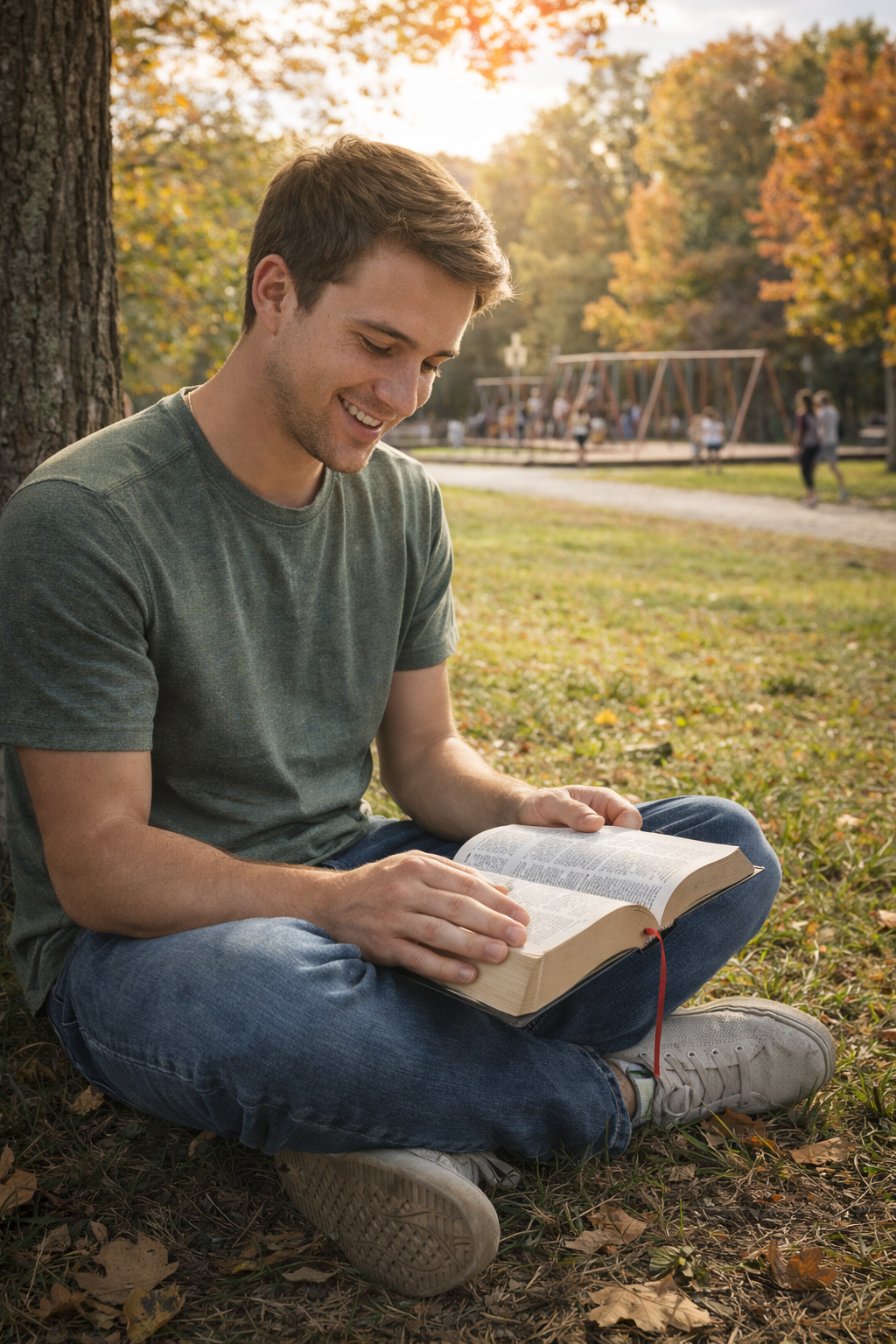 man reading bible under tree in park man reading bible under tree in park
