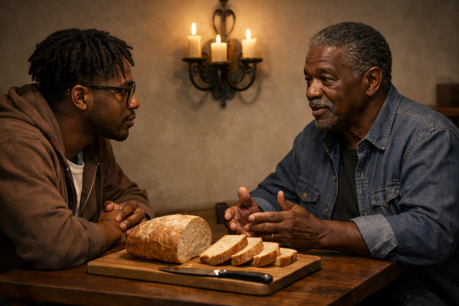 two men breaking bread