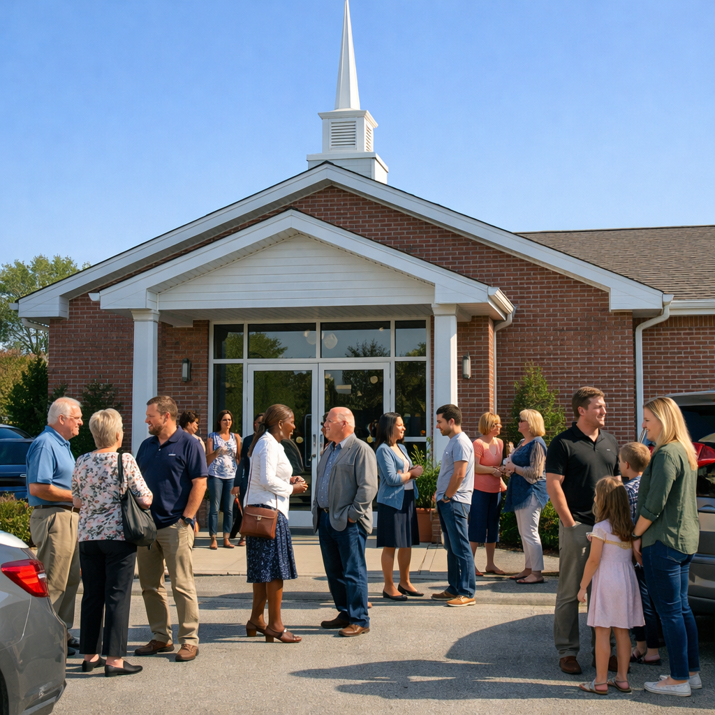 people standing in church parking lot talking