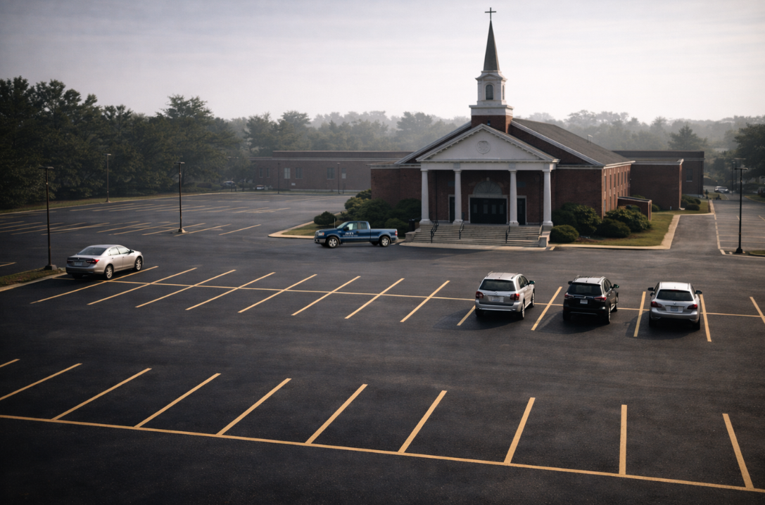 desserted church parking lot
