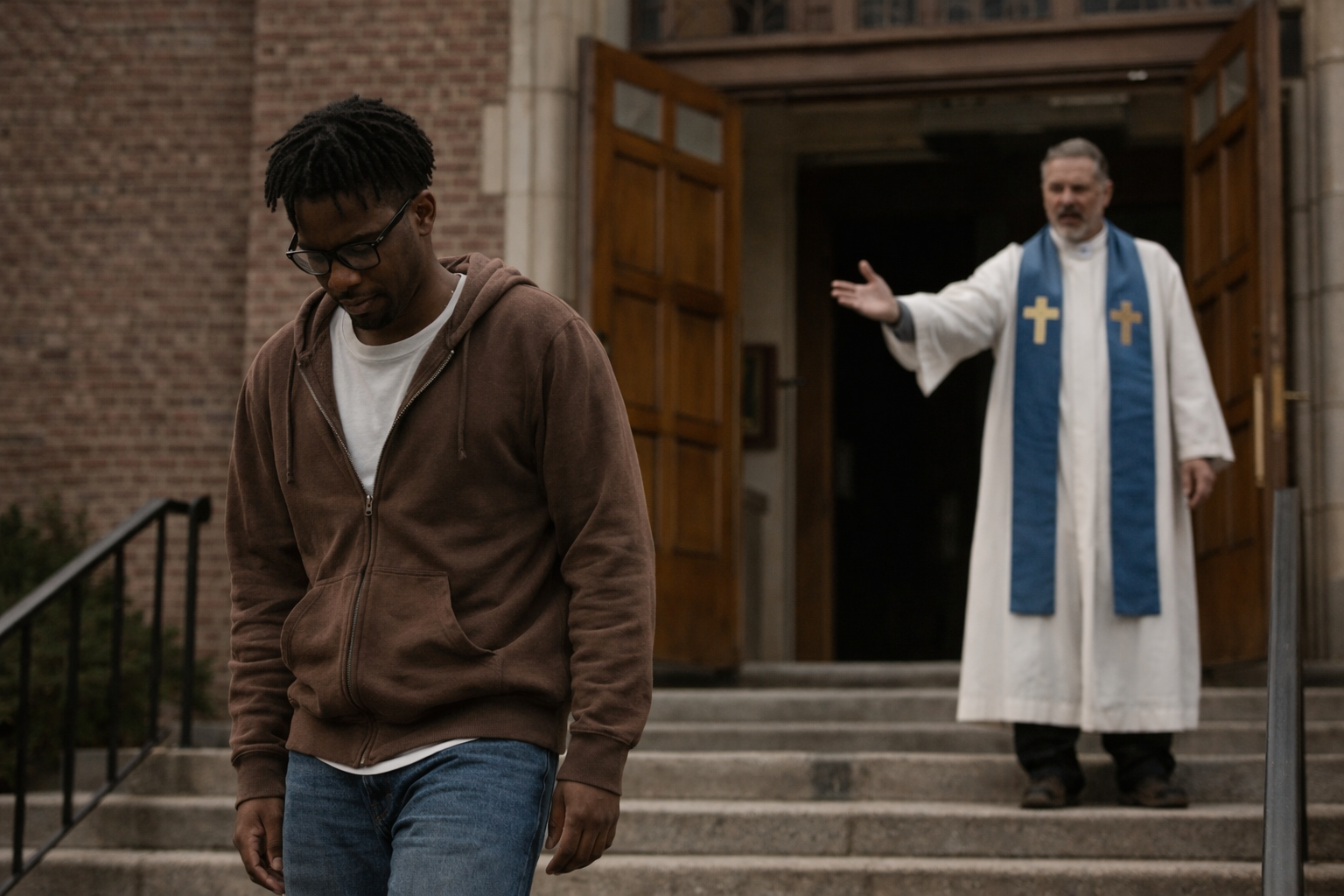 man leaving church