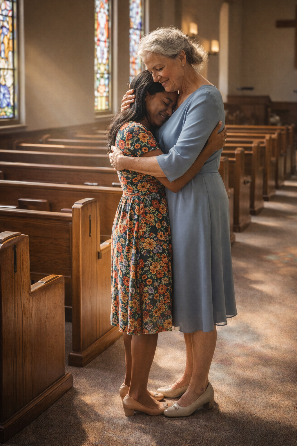 Two women, one young, the other older hugging in church Two women, one young, the other older hugging in church