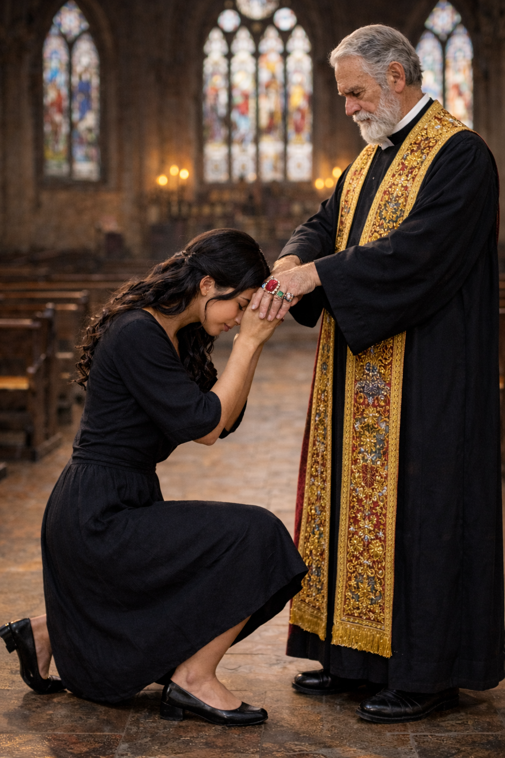 woman kneeling in front or priest woman kneeling in front or priest