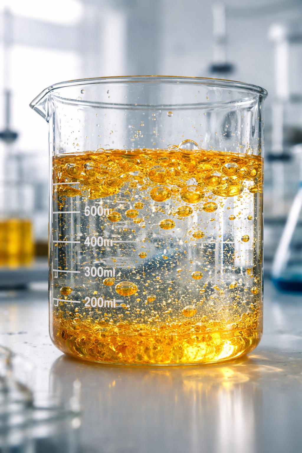 Glass beaker containing mixture of oil and water Glass beaker containing mixture of oil and water