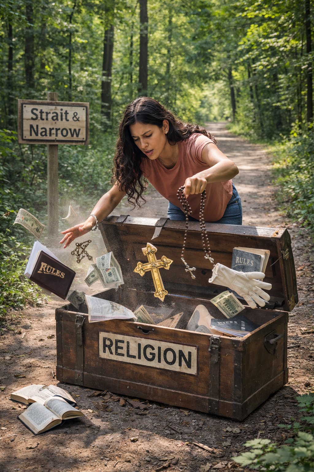 Latin girl searching a trunk marked religion Latin girl searching a trunk marked religion