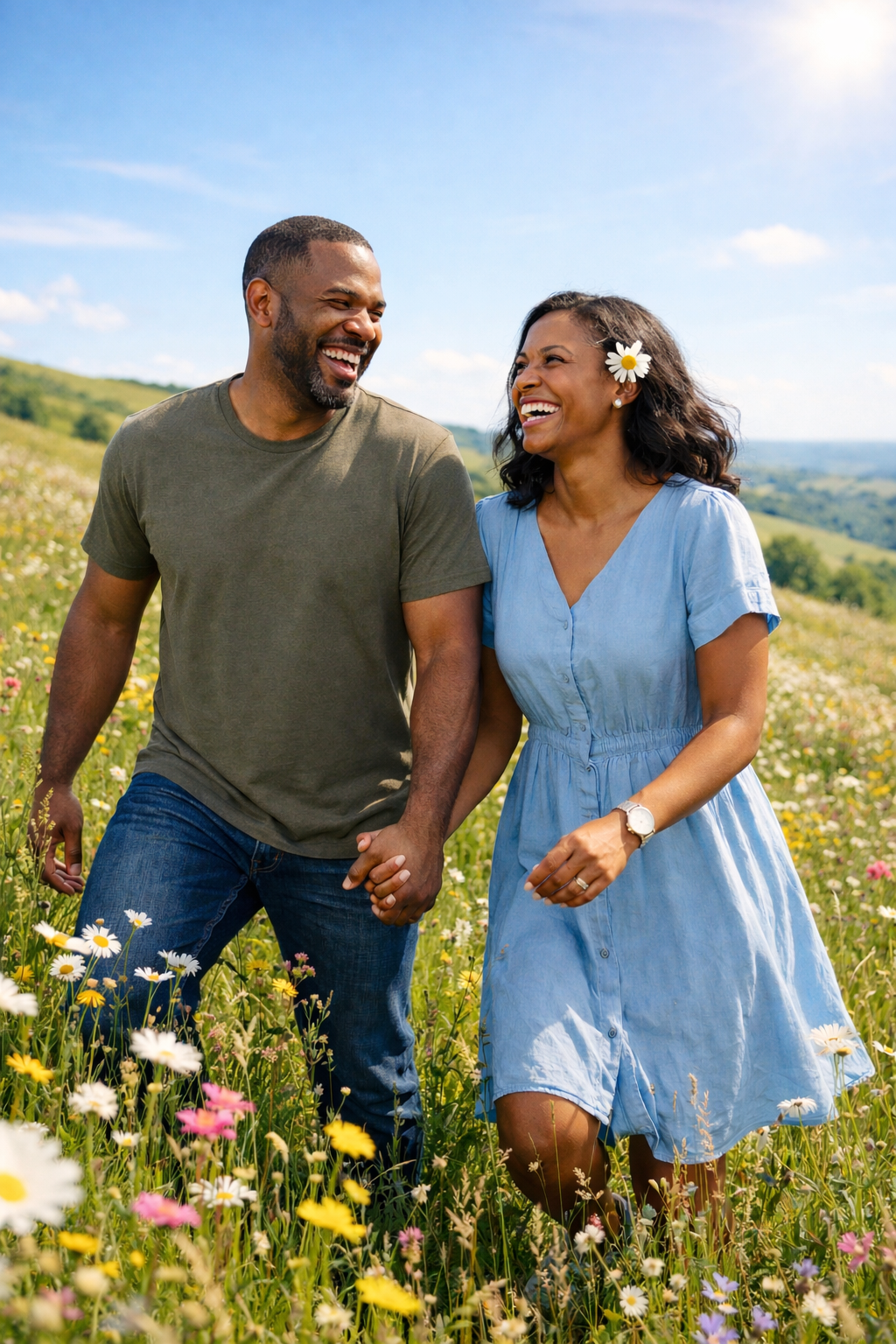 couple walking through a field of wildflowers smiling couple walking through a field of wildflowers smiling